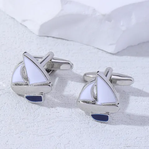 Men Sailboat Cufflinks Silver Plated Alloy Enamel Dripping Oil Cuff Links For French Shirt Business Wedding Gift