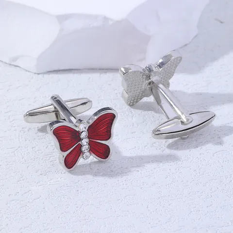 French Men's Alloy Red Enamel Butterfly Cufflinks With Rhinestone Accents Silver Color Wedding Business Shirt Accessory Cuff Links