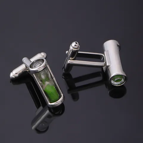 Boutons de Manchette Sablier Style Français pour Hommes Alliage Argent Verre Sable Vert Bijoux Chemise Mariage Affaires