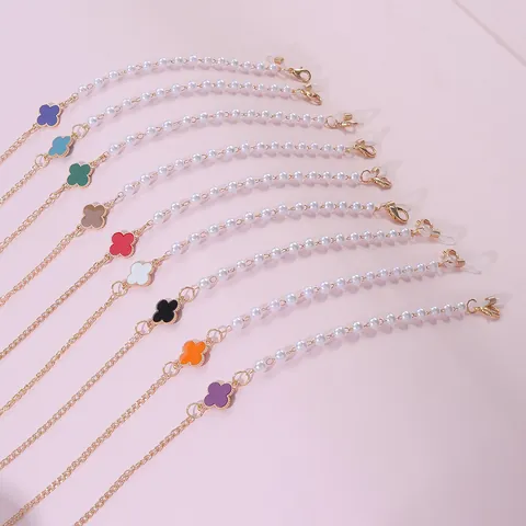 Kids Faux Artificial Pearl Eyewear Chain With Colorful Clover Enamel Charms Alloy Anti-lost Glasses Strap Mask Lanyard For Girls Jewelry