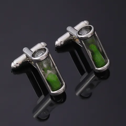 Boutons de Manchette Sablier Style Français pour Hommes Alliage Argent Verre Sable Vert Bijoux Chemise Mariage Affaires