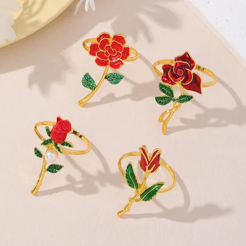 Elegant Alloy Rose Napkin Ring Enamel Flower Napkin Buckle With Rhinestone For Valentine Day Wedding Banquet Table Decoration