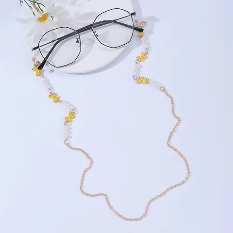 Children Butterfly Faux Pearl Glasses Chain Anti-Lost Mask Lanyard Alloy Gold Plated Eyewear Strap Holder Cute Sweet Accessory