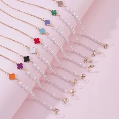 Kids Faux Artificial Pearl Eyewear Chain With Colorful Clover Enamel Charms Alloy Anti-lost Glasses Strap Mask Lanyard For Girls Jewelry