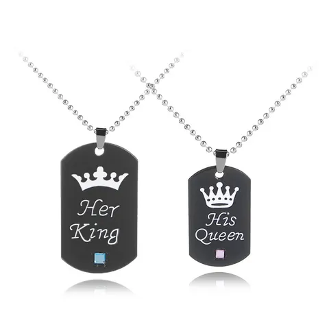 Matching Her King His Queen Couples Pendant Necklace Alloy Crown Engraved Black Rhinestone Dog Tag Jewelry Gift Set