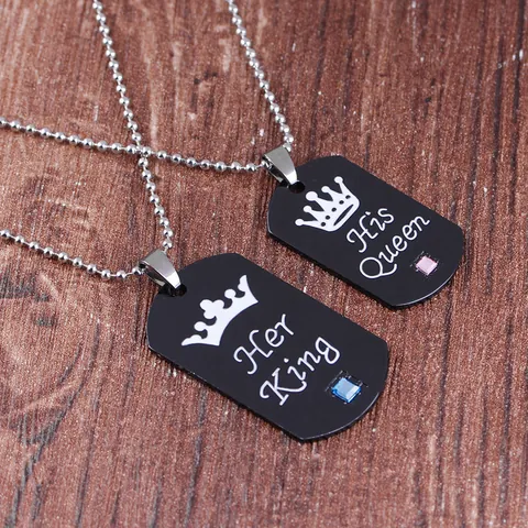 Matching Her King His Queen Couples Pendant Necklace Alloy Crown Engraved Black Rhinestone Dog Tag Jewelry Gift Set