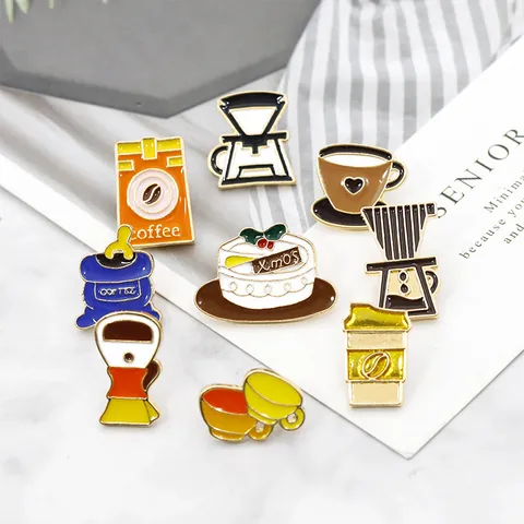 Retro American Coffee Theme Enamel Pins Alloy Brooch Coffee Bean Bag Cup Kettle Xmas Cake Pin For Clothes Bag Jewelry Gift