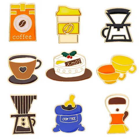 Retro American Coffee Theme Enamel Pins Alloy Brooch Coffee Bean Bag Cup Kettle Xmas Cake Pin For Clothes Bag Jewelry Gift