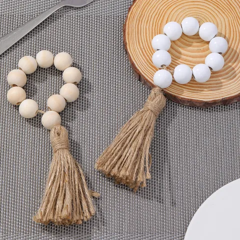 Rustic Wooden Bead Napkin Rings With Tassels Wood Beads Hemp Rope Napkin Holders For Wedding Party Home Table Decor