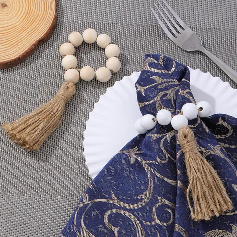 Rustic Wooden Bead Napkin Rings With Tassels Wood Beads Hemp Rope Napkin Holders For Wedding Party Home Table Decor