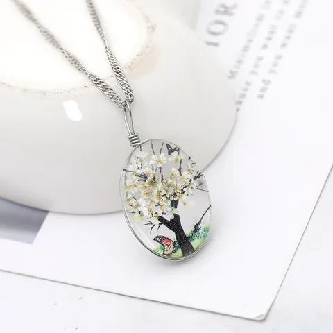 Collier Pendentif Ovale En Verre Alliage Vintage Arbre De Vie Fleurs Séchées Chaîne Torsadée Argent Bijoux Artistiques Femme