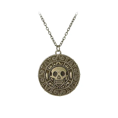 Vintage Alloy Skull Pendant Necklace Aztec Gold Coin Style Gothic Pirate Men Jewelry For Halloween Party Gift