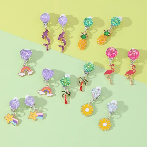 Kids Cartoon Clip On Earrings Set Alloy Enamel Mermaid Rainbow Flamingo Ear Clips For Little Girls No Pierced Jewelry Gift