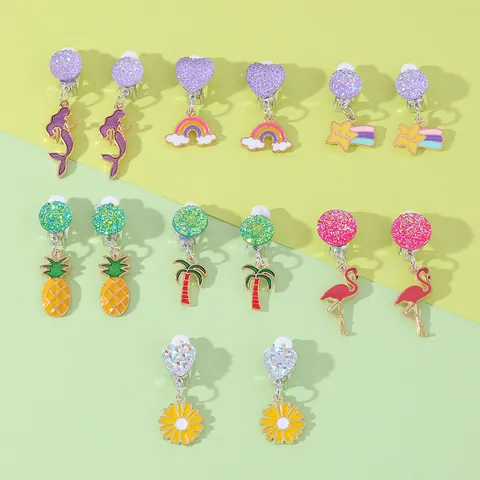 Kids Cartoon Clip On Earrings Set Alloy Enamel Mermaid Rainbow Flamingo Ear Clips For Little Girls No Pierced Jewelry Gift