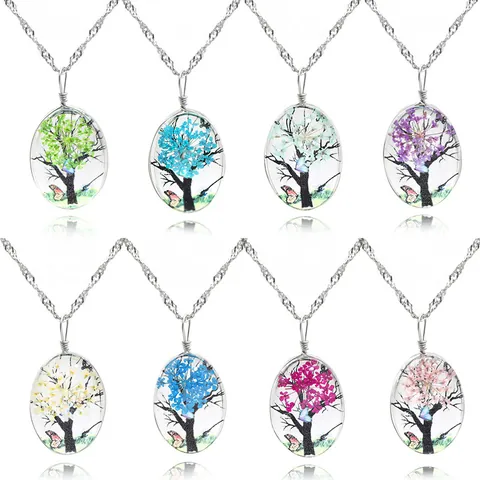 Collier Pendentif Ovale En Verre Alliage Vintage Arbre De Vie Fleurs Séchées Chaîne Torsadée Argent Bijoux Artistiques Femme