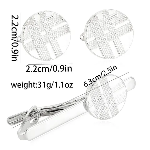 Heren Zakelijke Dasclip En Manchetknopen Set Zilver Legering Geometrische Raster Textuur Formele Overhemd Accessoires