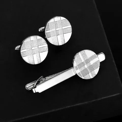 Heren Zakelijke Dasclip En Manchetknopen Set Zilver Legering Geometrische Raster Textuur Formele Overhemd Accessoires