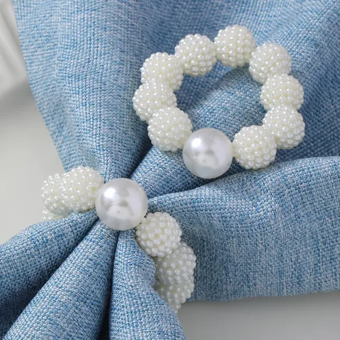 Elegantes Servilleteros de Perlas Artificiales de Imitación Blancas para Decoración Mesa Boda Banquete Cena Fiesta Hechos a Mano