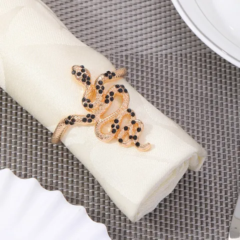 Snake Shaped Metal Napkin Ring Black Rhinestone Alloy Gold Plated Napkin Buckle For Wedding Party Hotel Table Decoration