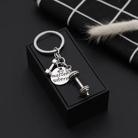 Fitness Dumbbell Barbell Keychain Metal Keyring With No Matter Where Engraved Round Pendant For Gym Lovers Gift Men Women