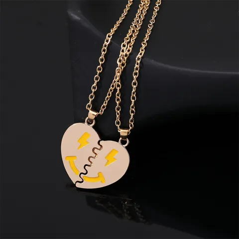 Trendy Alloy Heart Split Smile Face Pendant Necklace Set For BFF Couples Best Friends Enamel Drip Oil Jewelry Gift