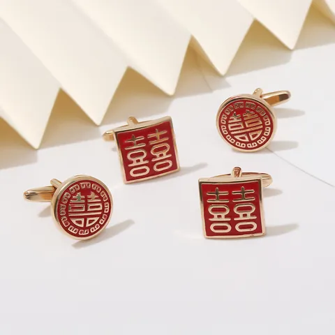Men's Alloy Gold Plated Red Lacquer Double Happiness Cufflinks Round Square For Chinese Wedding Banquet Formal Jewelry