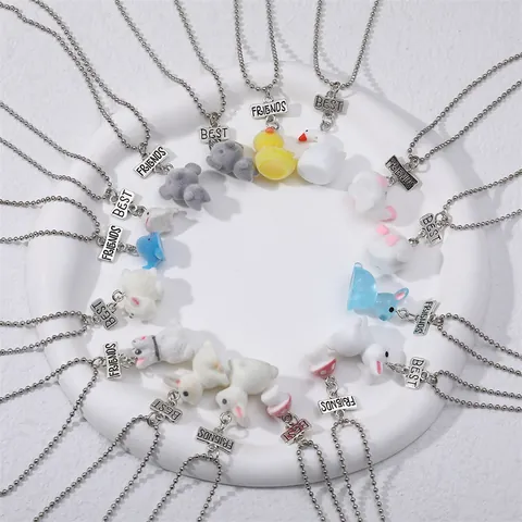 Best Friends BFF Halsketten Set Legierung Beflockt Harz Cartoon Tier Ente Hase Elefant Anhänger Silberne Perlenkette Kinder Schmuck