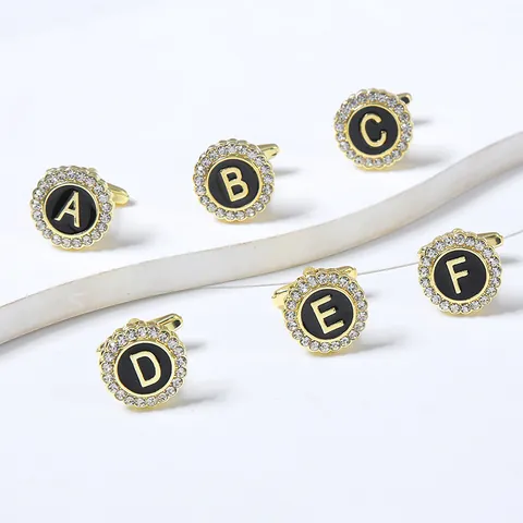 Men's French Round Enamel Letter Cufflinks Alloy Gold Plated White Rhinestone Shirt Cuff Studs Alphabet Jewelry For Business Wedding Gift