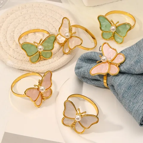 Elegant Butterfly Napkin Rings With Imitation Artificial Pearl Shell Texture Alloy Napkin Buckles For Wedding Banquet Hotel Table Decor