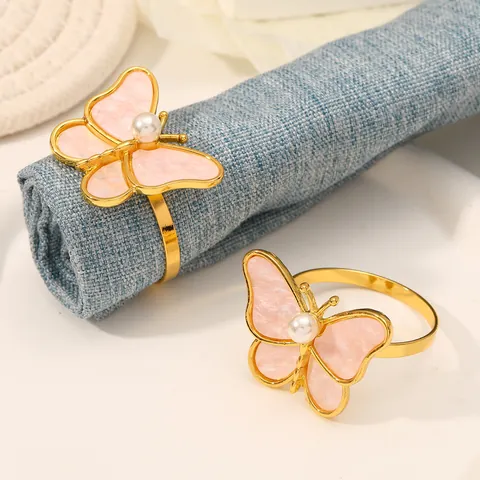 Elegant Butterfly Napkin Rings With Imitation Artificial Pearl Shell Texture Alloy Napkin Buckles For Wedding Banquet Hotel Table Decor