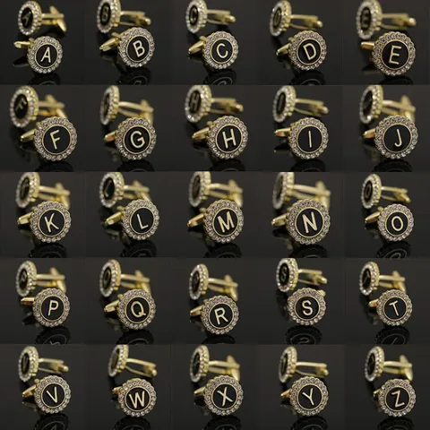 Men's French Round Enamel Letter Cufflinks Alloy Gold Plated White Rhinestone Shirt Cuff Studs Alphabet Jewelry For Business Wedding Gift