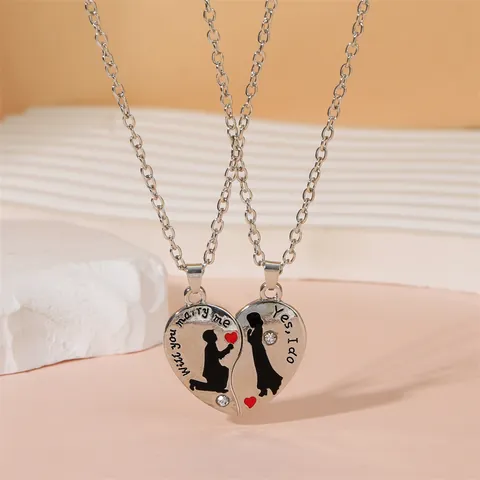Creative Splicing Heart Couple Necklace Alloy Letter Engraved Pendant Set Matching Jewelry Gift For Men Women