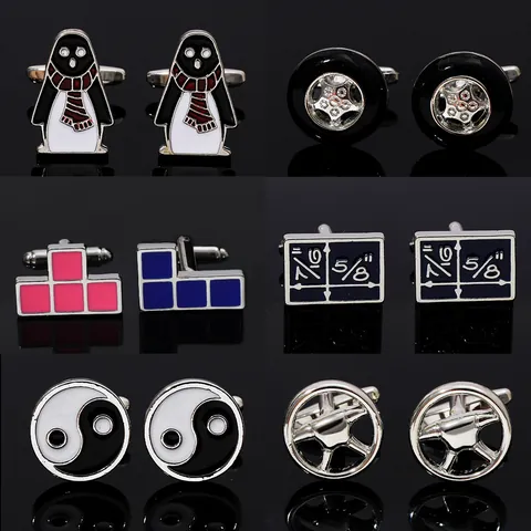 Creative Alloy Enamel Cufflinks Penguin Geometric Blocks Tai Chi Automotive Steering Wheel Men French Shirt Accessories Business Jewelry Gift