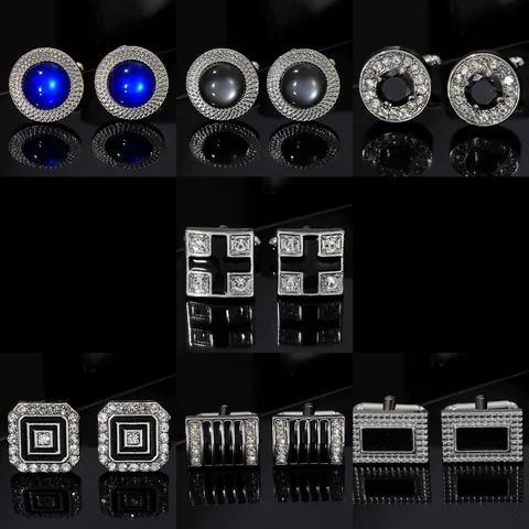 Luxury Alloy Men's Cufflinks Pair French Style Business Formal Shirt Accessory Rhinestone Geometric Inlaid Suit Cuff Links