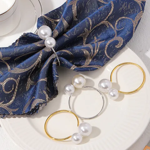 Luxury Alloy Double Artificial Pearl Napkin Rings For Wedding Banquet Western Restaurant Table Decoration Minimalist Metal Napkin Holder Gold Silver