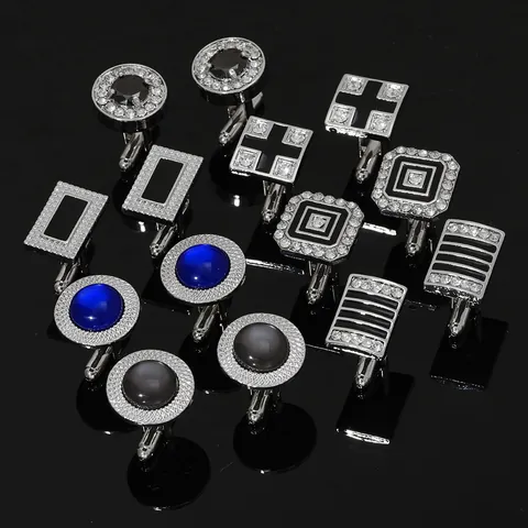 Luxury Alloy Men's Cufflinks Pair French Style Business Formal Shirt Accessory Rhinestone Geometric Inlaid Suit Cuff Links