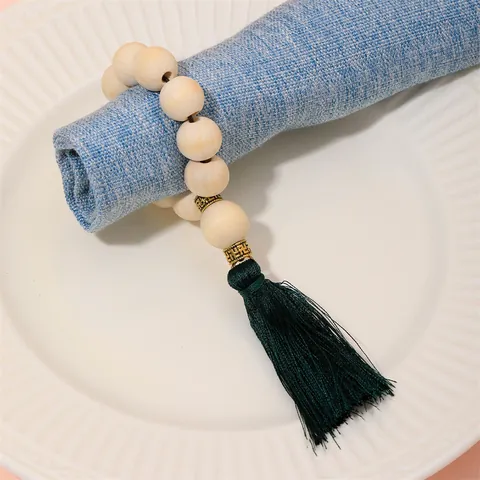 Wood Bead Napkin Ring With Silk Tassel Bohemian Table Decoration Tai Chi Yin Yang Owl Leopard Head Charms For Kitchen Dining Wedding Party