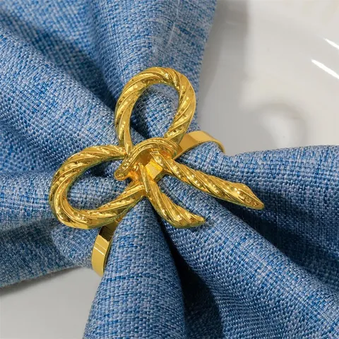 Elegant Alloy Bow Knot Napkin Rings Gold Silver Plated Twisted Rope Texture Napkin Buckle For Wedding Banquet Table Decor