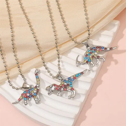 Colorful Rhinestone Dinosaur Pendant Necklace Alloy Cartoon Brachiosaurus T-Rex Parasaurolophus Jewelry For Kids Teens Daily Gift