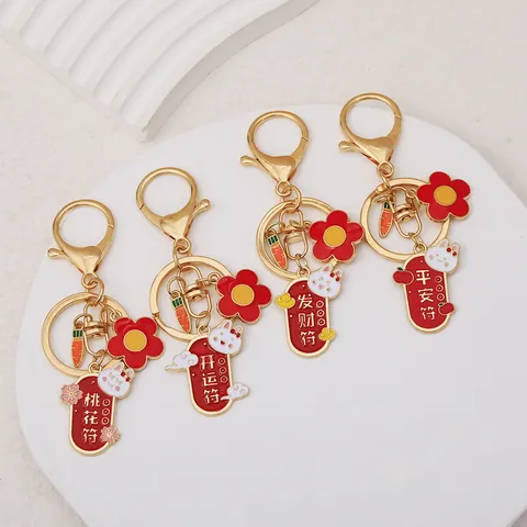 Chinese Style Lucky Rabbit Keychain With Blessing Charms Alloy Enamel Rabbit Flower Carrot Pendant Keyring Bag Ornament