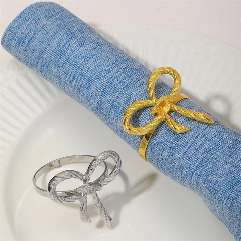 Elegant Alloy Bow Knot Napkin Rings Gold Silver Plated Twisted Rope Texture Napkin Buckle For Wedding Banquet Table Decor