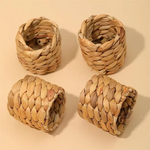 Servilleteros Tejidos a Mano de Jacinto de Agua Natural y Cáscara de Maíz Estilo Granja Decoración de Mesa para Hogar Boda