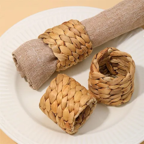 Servilleteros Tejidos a Mano de Jacinto de Agua Natural y Cáscara de Maíz Estilo Granja Decoración de Mesa para Hogar Boda