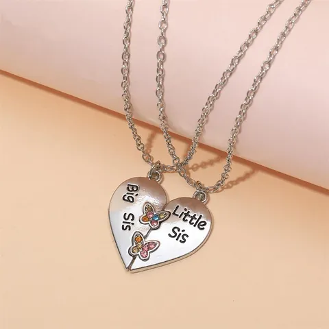 Collier Pendentif Puzzle Coeur en Alliage Big Sis Little Sis Papillon en Strass Bijoux Plaqué Argent Cadeau Anniversaire Remise Diplômes Femmes Filles