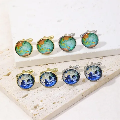 Vintage Rund Legierung Glas Weltkarte Erde Globus Manschettenknöpfe Herren Hemd Business Schmuck Zubehör Gold Silber Galvanisiert Emaille Herren Manschettenknöpfe Geschenk