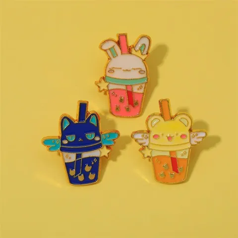 Cartoon Animal Bubble Tea Cup Enamel Pin Brooch Cute Rabbit Cat Bear Wings Star Alloy Badge For Bag Clothes Jewelry