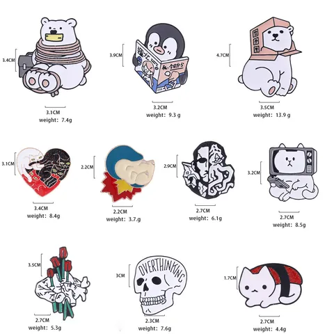 Spille da Balia in Smalto Cartoon Orso Pinguino Sushi Gatto Teschio Overthinking Distintivi per Zaino Vestiti Gioielli Regalo