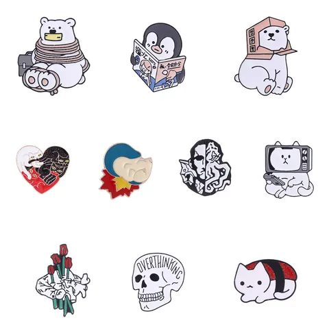 Spille da Balia in Smalto Cartoon Orso Pinguino Sushi Gatto Teschio Overthinking Distintivi per Zaino Vestiti Gioielli Regalo