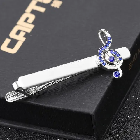 Men Business Treble Clef Tie Clip Cufflinks Set Alloy Silver Blue Rhinestone Musical Note Formal Suit Shirt Accessories Gift