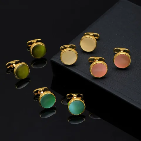 Luxe Vergulde Ronde Legering Zirkonia Manchetknopen Met Kattenoog Steen Zakelijk Pak Accessoires Voor Mannen Sieraden